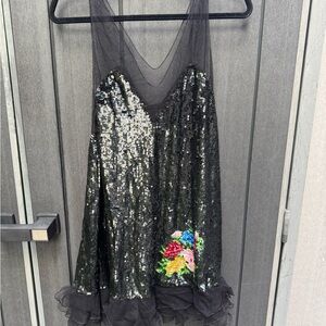 Boutique Black Sequin Dress with Floral Detail